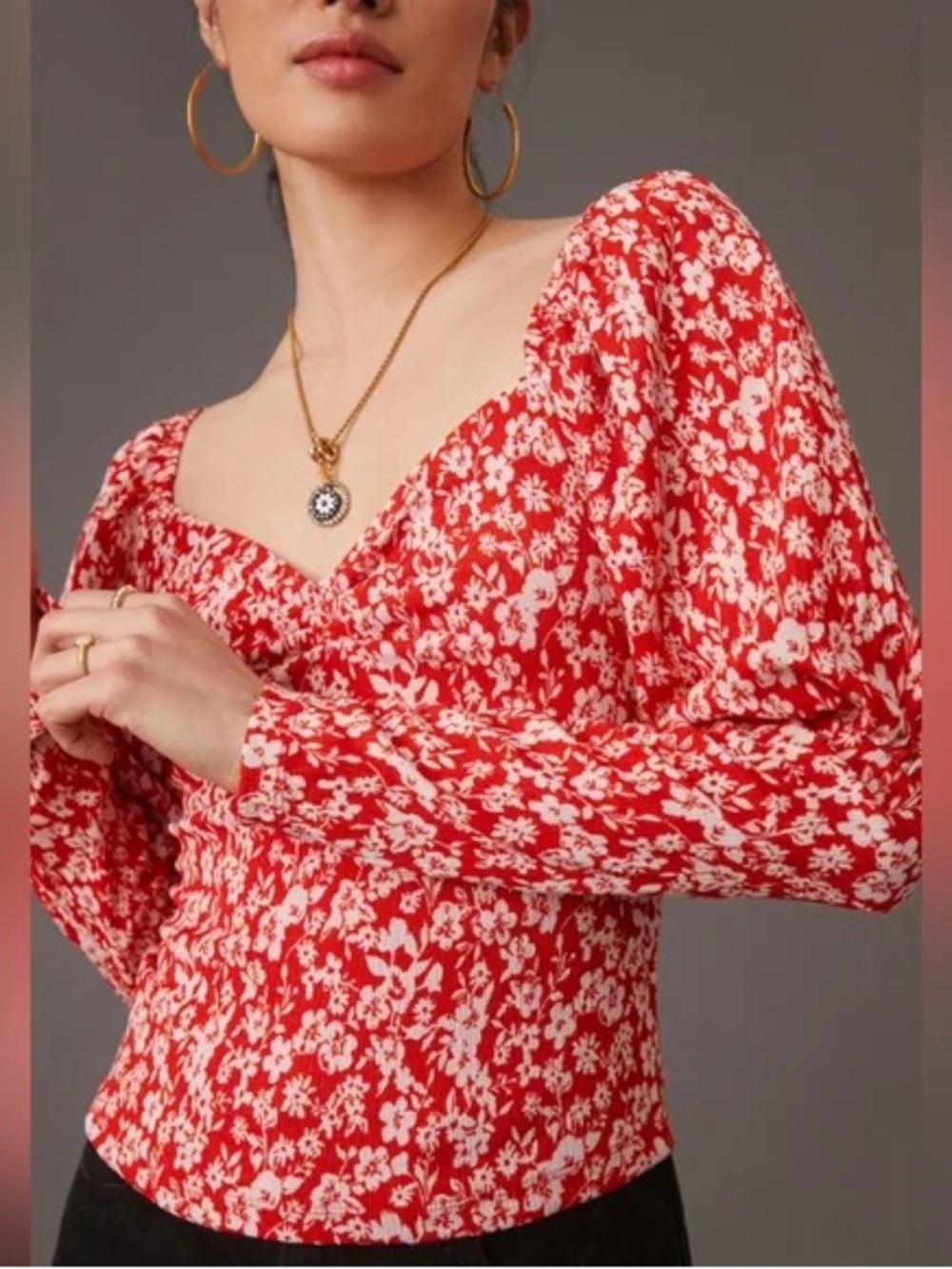 Anthropologie Red Floral Sweetheart Neckline Long-Sleeve Shirt